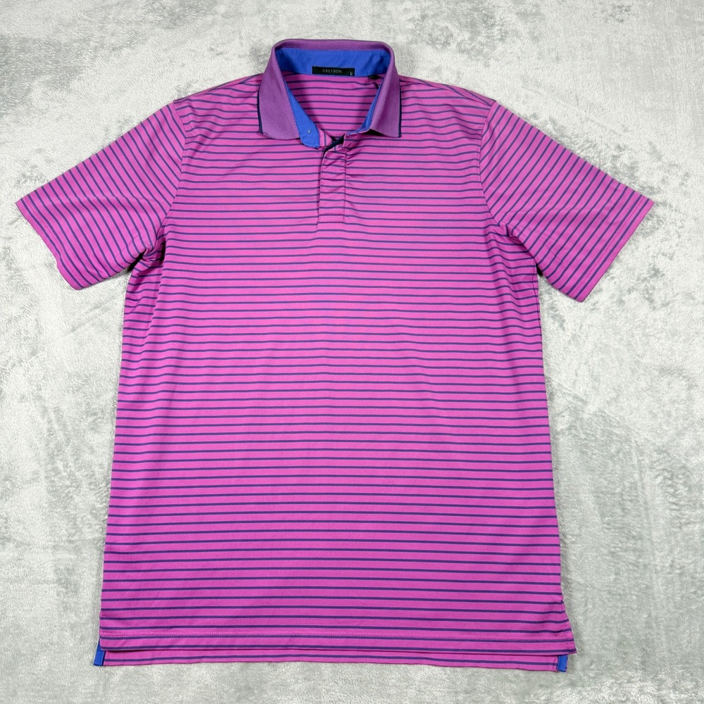 Greyson Mens Large Polo Shirt Pink Purple Striped Short Sleeve Golf Performance